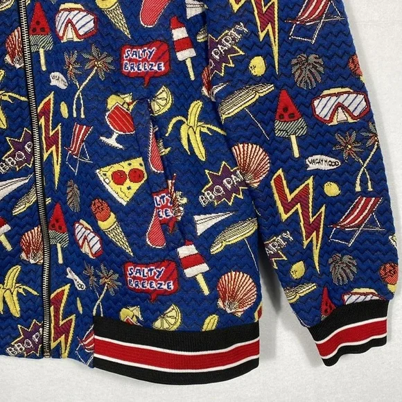 Zara Men’s Jacquard Blue Junk Food Graphic Bomber Jacket size large